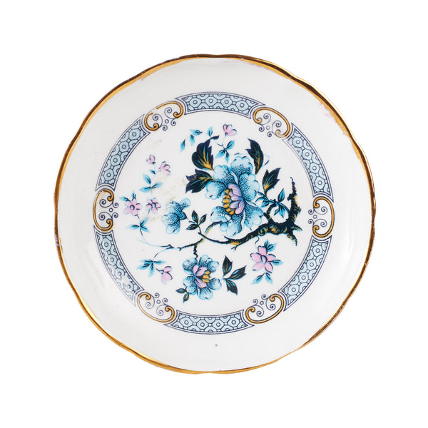 Sm White Plate With Gold Rim And Blue Flower Print