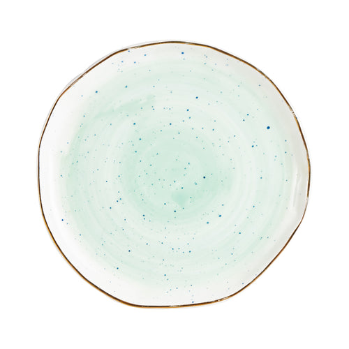 Md Speckled White Plate With Green Swirl And Gold Rim