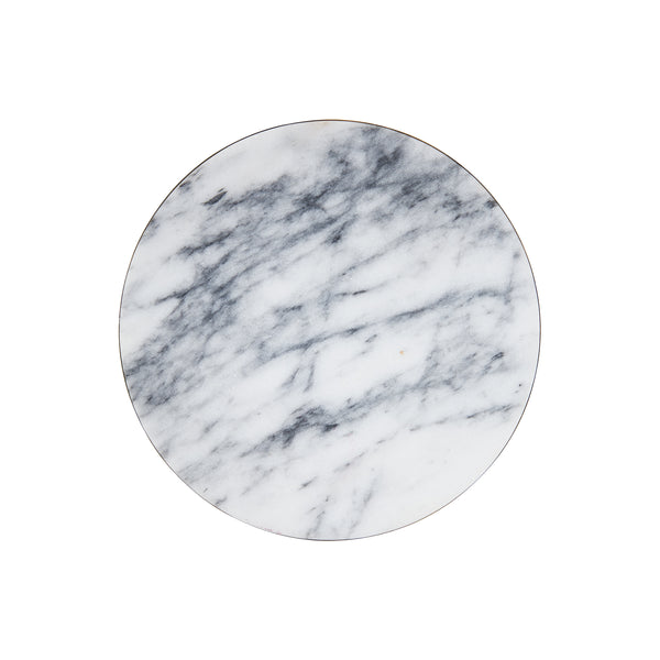 White Circular Marble Board With Dark Grey Veins And A Gold Edge